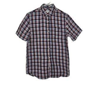 Sun + Stone Mens Red-Blue Plaid Short Sleeve Button down Shirt Size Small